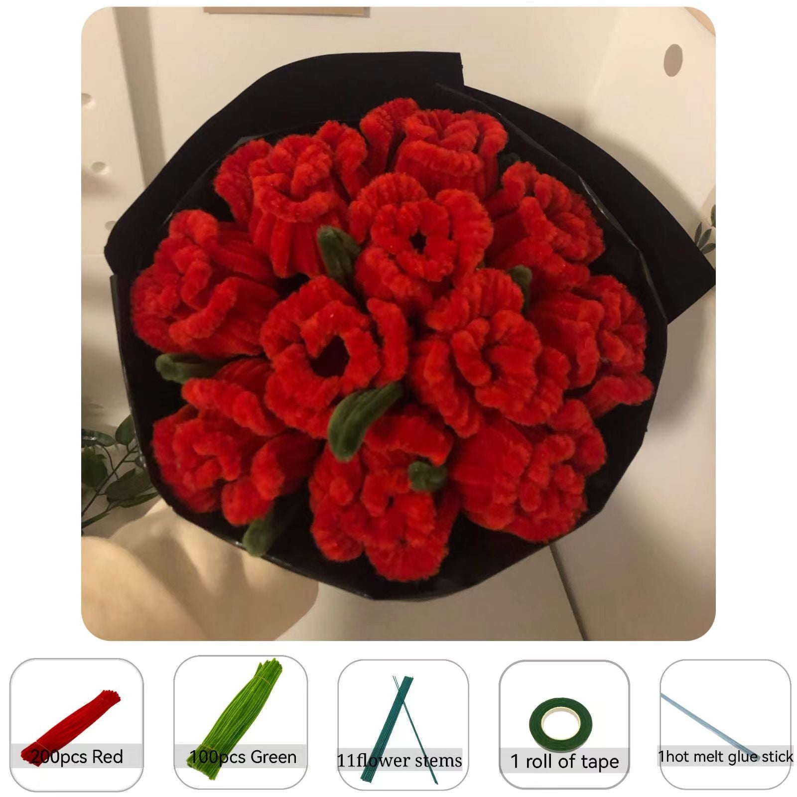 500PCS DIY Crafts Pipe Cleaner Chenille Stems Kits for Flower Making,  YOOTOM Artificial Red Rose Bouquets for Party Wedding Home Decor, DIY 15  Faux